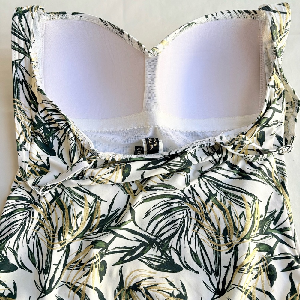 Niptuck Swimsuit One Piece Green Gold Tropical Leaf Padded Ruched Lined Size 10 - Picture 7 of 16